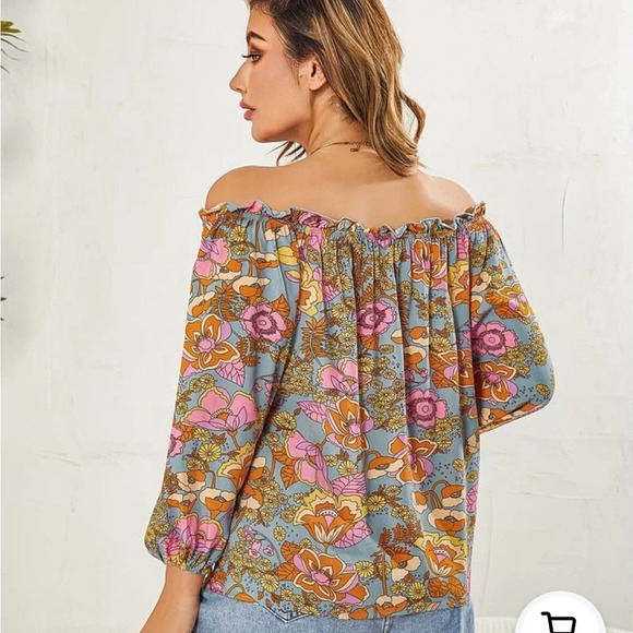 100% Viscous L Off the shoulder/or not. Spring flowers blouse. Adj. Half sleeve - Picture 4 of 12